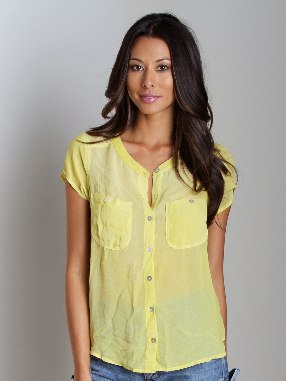 We The Free Spellbound Button Up short sleeve top golden moss chartreuse breezy